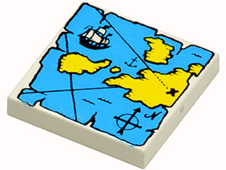 3068px9 | Tile 2 x 2 with Map with Blue Water, Yellow Land, Ship, and Black Letter X Treasure Marker Pattern | LEGOPART
