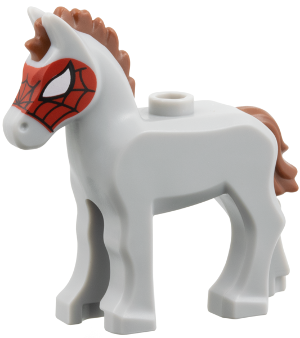 82445pb05 | Horse, Baby Foal with Stud on Back with Molded Reddish Brown Mane and Tail and Printed Large White Eyes and Red Spider Web Mask Pattern | LEGOPART
