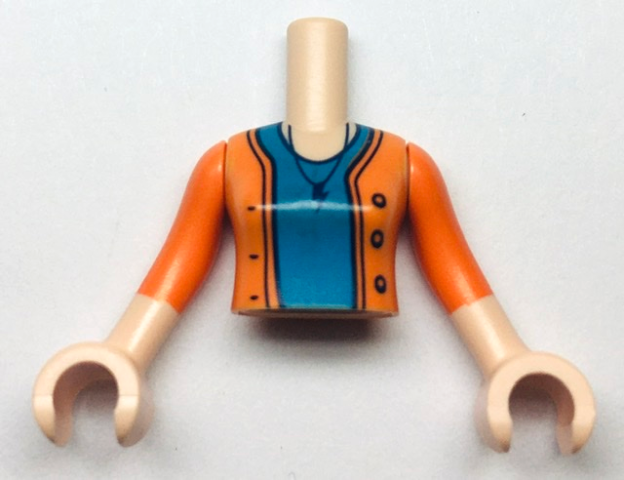 FTGpb395c01 | Torso Mini Doll Girl Dark Azure Shirt and Orange Sweater with Necklace and Lightning Bolt Pattern, Light Nougat Arms with Hands with Orange Sleeves | LEGOPART