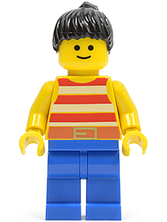 Red / White Stripes Shirt, Blue Legs, Black Ponytail Hair LEGO par043 | Fyrebrick.be
