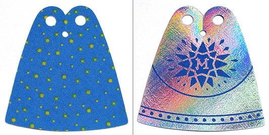 105173 | Mini Doll, Cape Cloth, Friends, Tapered with 2 Small Top Holes, Blue Side with Yellow Stars and Iridescent Side with Dark Blue Star and Letter M Pattern | LEGOPART