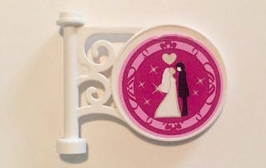 13459pb004 | Road Sign Round on Pole with Flat Top Attachment with Bride and Groom and Silver Heart on Magenta Background Pattern | LEGOPART