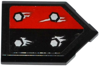 22385pb052 | Tile, Modified 2 x 3 Pentagonal with 4 Silver Bolts and Corrosion on Black / Red Halves Pattern | LEGOPART