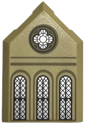 22385pb309 | Tile, Modified 2 x 3 Pentagonal with Ornate Round and 3 Arched Silver Windows with Dark Brown Lattice, Dark Tan Arches and Lines Pattern | LEGOPART