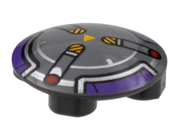 2654pb020 | Plate, Round 2 x 2 with Rounded Bottom with Dark Purple and Silver Border, 3 Spokes with Black and Yellow Danger Stripes and Red Dots Pattern | LEGOPART