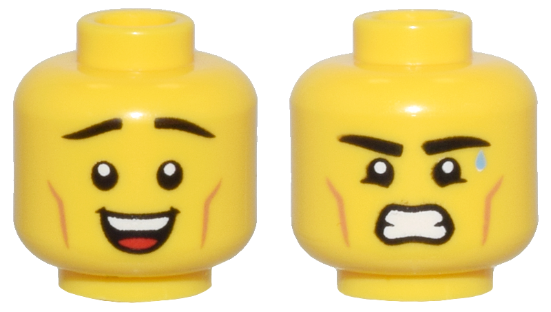 28621pb0191 | Minifigure, Head Dual Sided Thin Black Eyebrows, Medium Nougat Cheek Lines, and Open Mouth Smile / Sweat Drop, Grimace Pattern - Vented Stud | LEGOPART