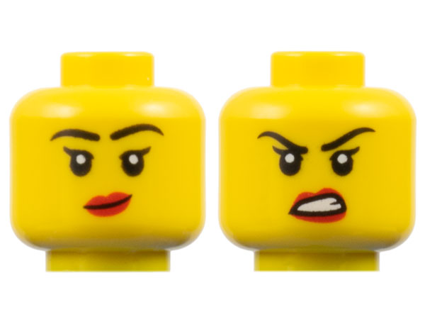 28621pb0261 | Minifigure, Head Dual Sided Female Black Eyebrows and Single Eyelashes, Red Lips, Lopsided Grin / Scowl Pattern - Vented Stud | LEGOPART