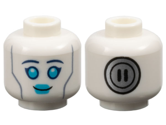 28621pb0267 | Minifigure, Head Alien Female Dark Blue Eyebrows, Medium Azure Eyes and Lips, Sand Blue Cheek Lines, Silver Circle Power Socket on Back Pattern - Vented Stud | LEGOPART