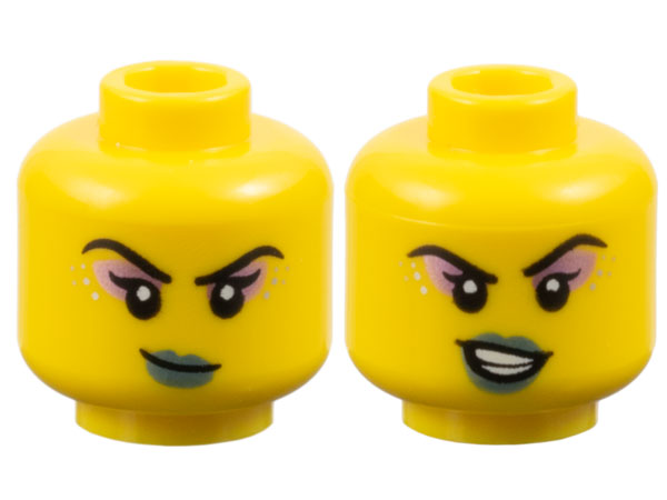 28621pb0268 | Minifigure, Head Dual Sided Female Black Eyebrows, Single Eyelashes, Metallic Pink Eye Shadow, Silver Dots, Metallic Light Blue Lips, Smirk / Lopsided Open Mouth Smile with Teeth Pattern - Vented Stud | LEGOPART