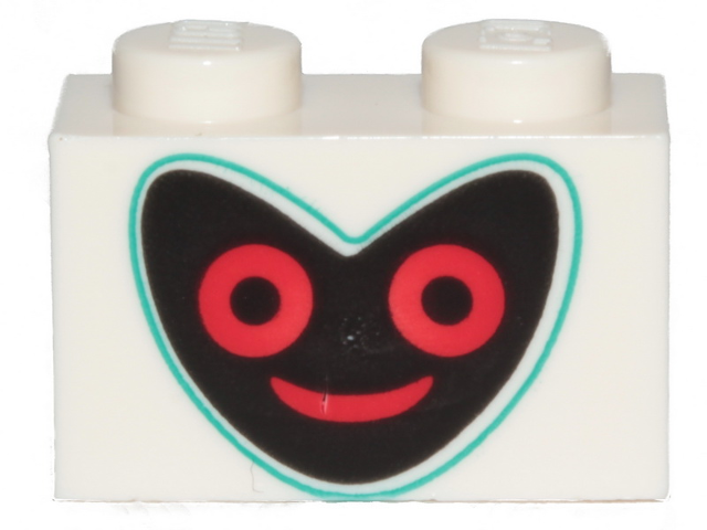 3004pb190 | Brick 1 x 2 with Black Heart Shape Face with Dark Turquoise Outline and Red Eyes and Mouth Pattern | LEGOPART