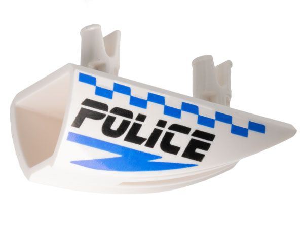 30647pb02 | Vehicle, Fairing 1 x 4 Side Flaring Intake with 2 Pins with Black 'POLICE', Blue Lightning Bolt, and Checkered Pattern Model Right Side | LEGOPART