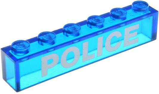 3067pb09 | Brick 1 x 6 without Bottom Tubes with White 'POLICE' Sans-Serif Bold Pattern | LEGOPART