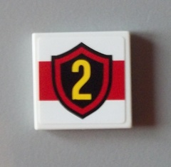 3068pb0633 | Tile 2 x 2 with Yellow Number 2 Fire Logo Badge on Red Stripe Pattern | LEGOPART