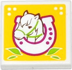 3068pb0834 | Tile 2 x 2 with Horse Head in Horseshoe and Leaves on Yellow Background Pattern | LEGOPART