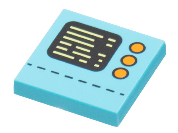 3068pb2045 | Tile 2 x 2 with Control Panel with Black Display, Bright Light Yellow Text, 3 Orange Buttons, and Dotted Line Pattern | LEGOPART