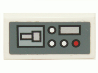 3069pb0246L | Tile 1 x 2 with Control Panel with Red and White Buttons on Dark Bluish Gray Background Pattern Model Left Side | LEGOPART