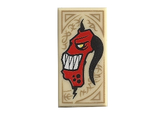 3069pb0463 | Tile 1 x 2 with Dark Tan Markings and Red Monster Head with White Sharp Teeth and Black Horn Pattern | LEGOPART