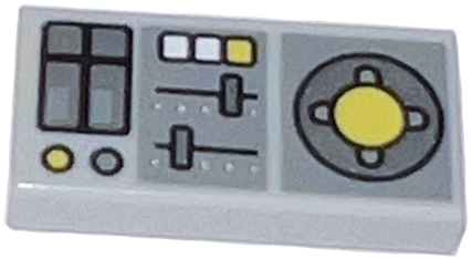 3069pb0847 | Tile 1 x 2 with Vehicle Control Panel, Silver Sliders, Yellow Buttons, Dark Bluish Gray Panels Pattern | LEGOPART