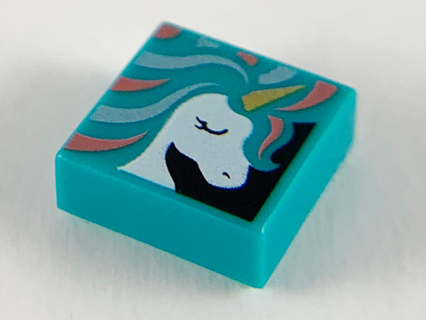 3070pb135 | Tile 1 x 1 with White Unicorn Head, Gold Horn, and Metallic Light Blue and Coral Mane Pattern | LEGOPART