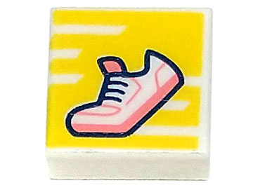 3070pb241 | Tile 1 x 1 with Shoe with Coral Sole and Tongue on Yellow Background with Stripes Pattern | LEGOPART