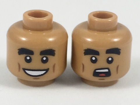 3626cpb2027 | Minifigure, Head Dual Sided Thick Black Eyebrows, Reddish Brown Cheek Lines, Open Grin / Surprised Expression Pattern - Hollow Stud | LEGOPART