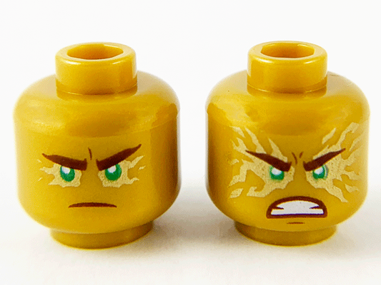 3626cpb2290 | Minifigure, Head Dual Sided Reddish Brown Eyebrows and Mouth, Green Eyes with Gold Energy Effect, Frown / Fierce Outburst Pattern - Hollow Stud | LEGOPART