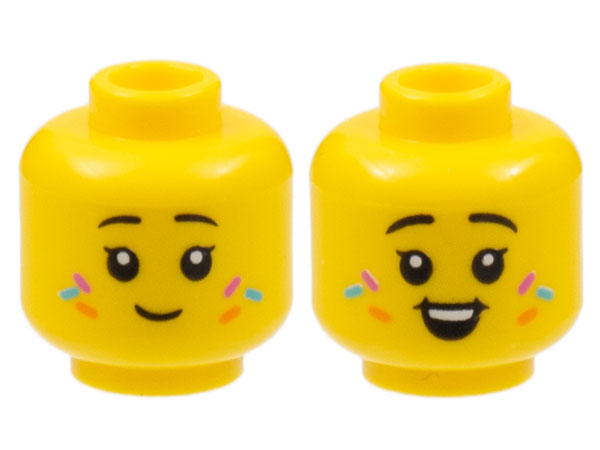 3626cpb3091 | Minifigure, Head Dual Sided Child Female Black Eyebrows, Dark Azure, Orange, and Magenta Sprinkles, Grin / Open Smile with Teeth Pattern - Hollow Stud | LEGOPART