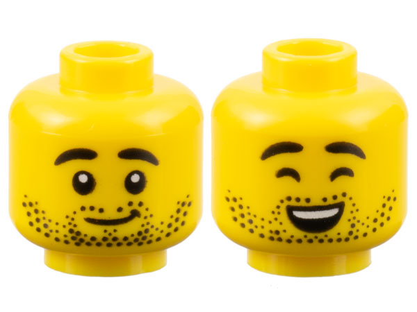 3626cpb3181 | Minifigure, Head Dual Sided Black Eyebrows and Stubble, Grin / Closed Eyes, Open Mouth Smile with Top Teeth Pattern - Hollow Stud | LEGOPART