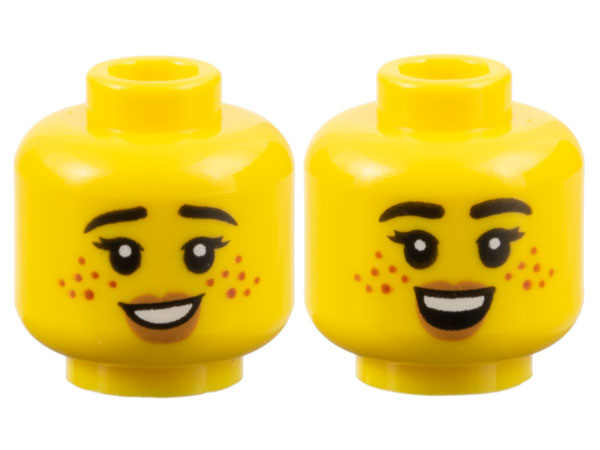 3626cpb3182 | Minifigure, Head Dual Sided Female Black Eyebrows, Eyelashes, Dark Orange Freckles, Medium Nougat Lips, Open Mouth Smile with Teeth / Top Teeth Pattern - Hollow Stud | LEGOPART