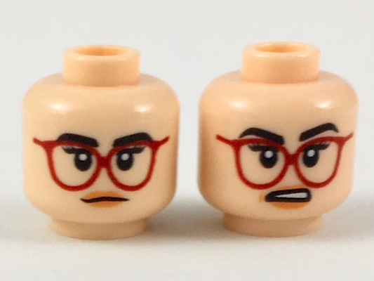 3626pb2140 | Minifigure, Head Dual Sided Female Black Eyebrows, Red Glasses, Peach Lips, Neutral / Surprised Expression Pattern | LEGOPART