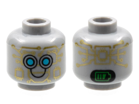 3626pb2957 | Minifigure, Head Alien Robot with Gold Circuitry, Medium Azure Eyes, Black Smile, and Bright Green Battery Indicator on Back Pattern | LEGOPART