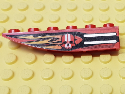 42023pb007R | Slope, Curved 6 x 1 Inverted with Black and Orange Flames and Red Skull with White Stripes Pattern Model Right Side | LEGOPART