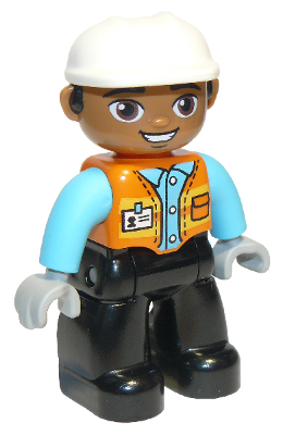 Duplo Figure Lego Ville, Male, Black Legs, Orange Vest with Badge and Pocket, Medium Azure Arms, Light Bluish Gray Hands, White Construction Helmet (6308180) LEGO DUPLO 47394pb289