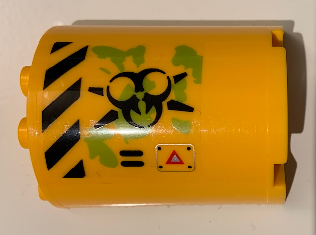 6259pb041L | Cylinder Half 2 x 4 x 4 with Caution Triangle, Danger Stripes, Black Biohazard Symbol, Ooze and Vents Pattern Model Left Side | LEGOPART