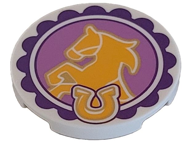 67095pb054 | Tile, Round 3 x 3 with Bright Light Orange Horse and Horseshoe on Medium Lavender Circle Background with Dark Purple Scalloped Edge Pattern | LEGOPART