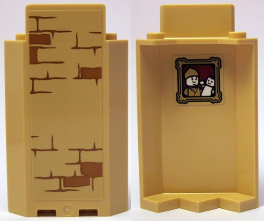 87421pb050 | Panel 3 x 3 x 6 Corner Wall without Bottom Indentations with Bricks Type 2 Outside and Portrait of Puppet Player Inside Pattern | LEGOPART