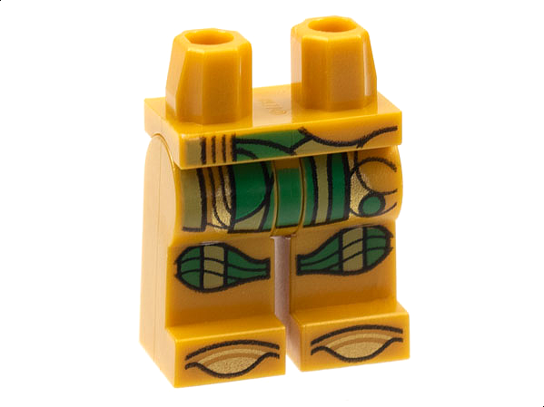 970c00pb1293 | Hips and Legs with Green and Tan Loincloth and Knee Pads, Gold Toes and Trim Pattern | LEGOPART