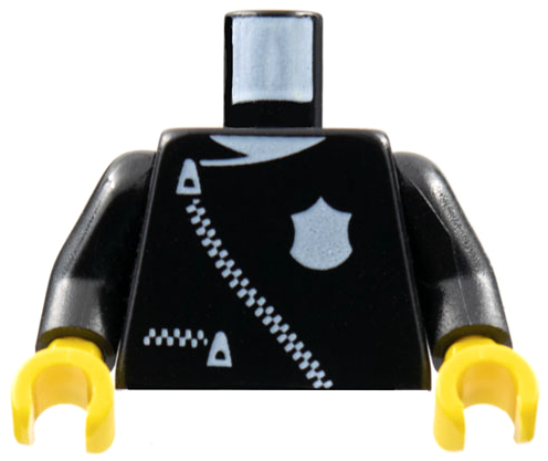 973pb0079c01 | Torso Police Leather Jacket with Thin White Zippers and Badge Pattern / Black Arms / Yellow Hands | LEGOPART