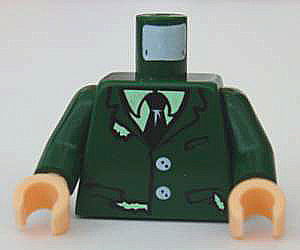 973pb0336c01 | Torso Harry Potter Torn Suit with Buttons, Shirt and Tie Pattern / Dark Green Arms / Light Nougat Hands | LEGOPART