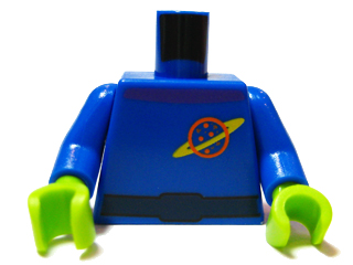 973pb0628c01 | Torso Space Uniform with Orange and Yellow Ringed Planet Logo, Dark Blue Belt, Dark Purple Collar Pattern / Blue Arms / Lime Hands | LEGOPART