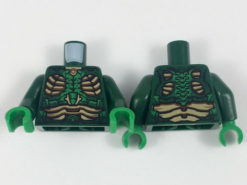 973pb2986c01 | Torso Parademon Armor with Green Highlights and Tan Scale Panels Pattern / Dark Green Arms / Green Hands | LEGOPART