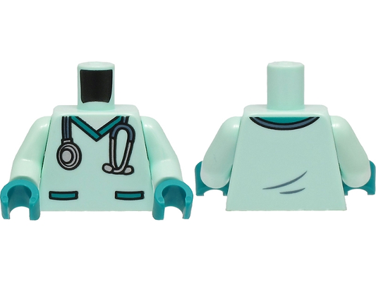 973pb4354c01 | Torso Hospital Scrubs with Dark Turquoise Pockets and Collar and Sand Blue and Silver Stethoscope Pattern / Light Aqua Arms / Dark Turquoise Hands | LEGOPART