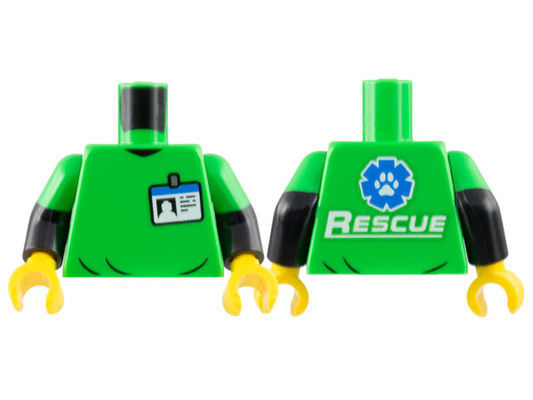 973pb4974c01 | Torso Shirt with Name Badge, White and Blue 'RESCUE' and Paw Print Logo on Back Pattern / Black Arms with Molded Bright Green Short Sleeves Pattern / Yellow Hands | LEGOPART