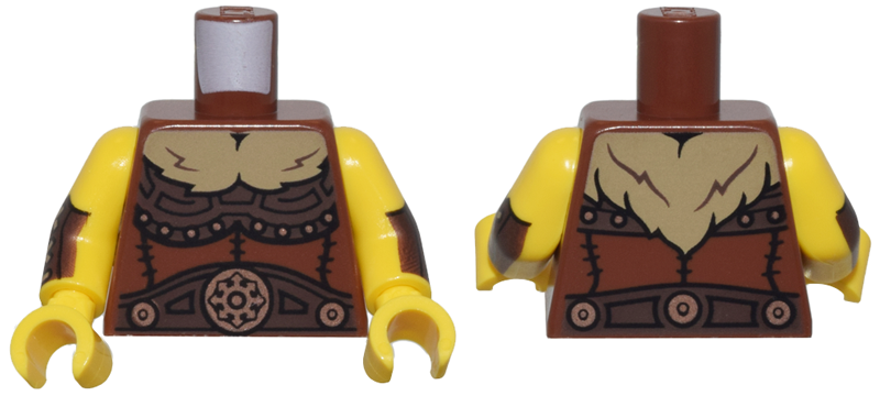 973pb5498c01 | Torso Dark Brown Armor, Copper Emblems and Dark Tan Fur Collar Pattern / Yellow Arms with Dark Brown Bracers Pattern / Yellow Hands | LEGOPART