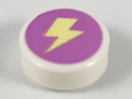 98138pb123 | Tile, Round 1 x 1 with Bright Light Yellow Lightning Bolt on Medium Lavender Background Pattern | LEGOPART