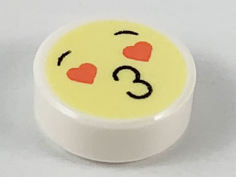 98138pb128 | Tile, Round 1 x 1 with Emoji, Bright Light Yellow Face, Black Eyebrows, Coral Heart Eyes, and '3' Puckered Lips Pattern | LEGOPART