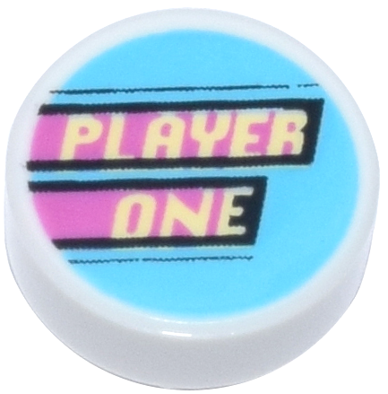 98138pb282 | Tile, Round 1 x 1 with Bright Light Yellow 'PLAYER ONE' and Dark Pink Stripes on Medium Azure Background Pattern | LEGOPART