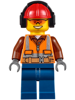 Construction Worker - Male, Orange Safety Vest, Reflective Stripes, Reddish Brown Shirt, Dark Blue Legs, Red Construction Helmet with Black Ear Protectors / Headphones, Safety Glasses LEGO cty0527 | Fyrebrick.be
