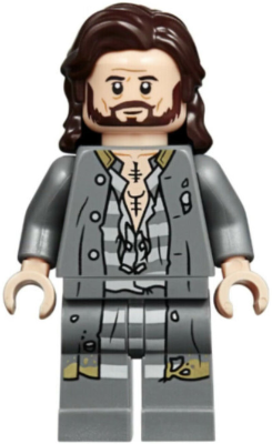Sirius Black - Dark Brown Hair, Dark Bluish Gray Jacket over Tattered Striped Shirt, Printed Legs LEGO hp174 | Fyrebrick.be