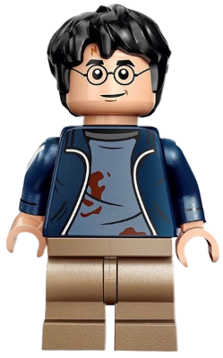 Harry Potter - Dark Blue Open Jacket over Sand Blue Shirt with Dirt Stains, Printed Arms, Dark Tan Medium Legs LEGO hp419